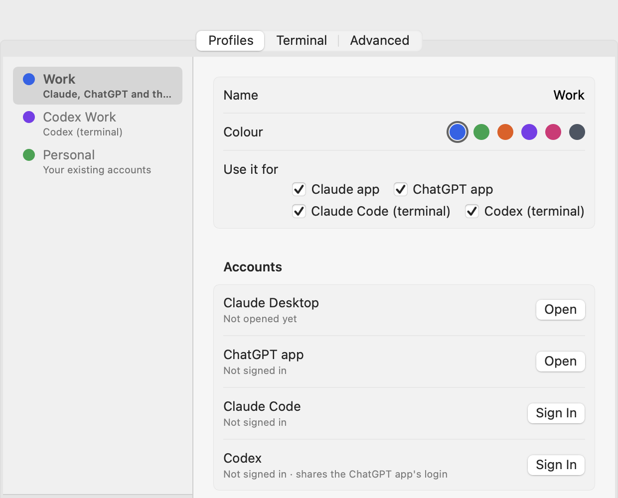 SessionFlip’s Profiles tab: a Work profile with its name, colour, what it’s used for (Claude app, ChatGPT app and the terminal) and one button per account.