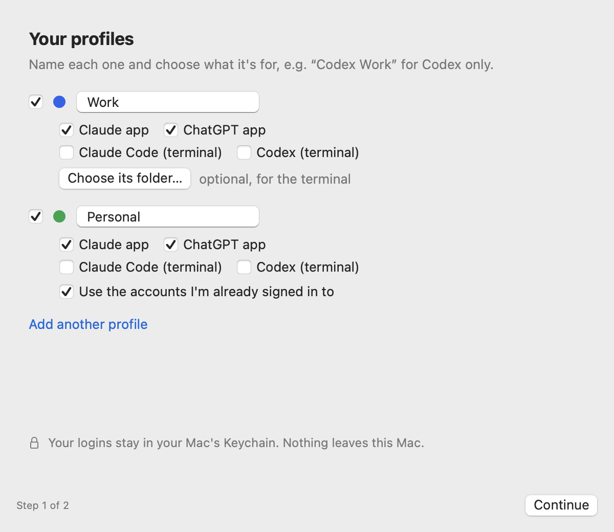 SessionFlip’s setup, step one of two: a Work and a Personal profile, each opening the Claude and ChatGPT apps, with the option to use the accounts you’re already signed in to.